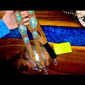 Custom Western ostrich suspenders with Conchos